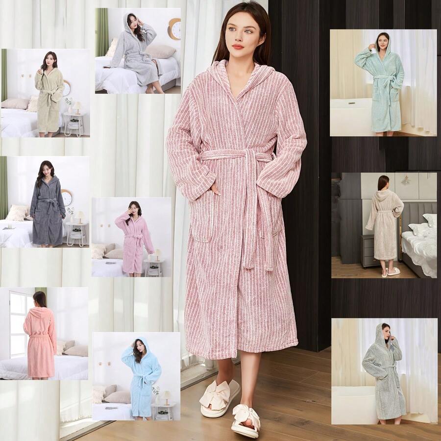 1pc Women Student Solid Color Jacquard Coral Fleece Soft Absorbent Warm Casual Home Cute Hooded Bathrobe Bath Robe Morning Robe Long Robe Loungewear Bathing Swimming Travel Personal Use Gift - Multicolor - View 1