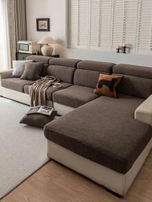 1pc Teddy Plush Solid Color Sofa Cover, Elastic Wrap-Around, Warm & Comfortable, Simple Ins Style, Pet-Friendly Anti-Slip Anti-Dirt Elastic Washable Sofa Slipcover, Suitable For L-Shaped Sofa 1/2/3/4 Seats, For Living Room, Bedroom, Study - Brown - View 3