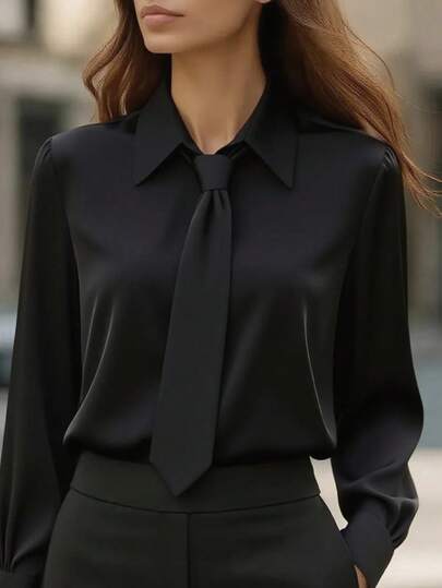 This Women's Solid Color Long-Sleeve Shirt Features A Clean Collar Design, Perfectly Creating A Capable And Professional Image. The Fabric Is Skin-Friendly And Comfortable, With Elegant Details Throughout. Black Spring