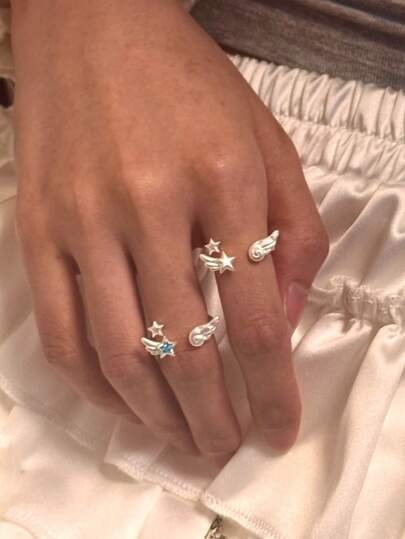 2pcs/Set Cincin Terbuka Dekorasi Sayap Bintang Modis, Cocok untuk Pemakaian Sehari-hari Wanita