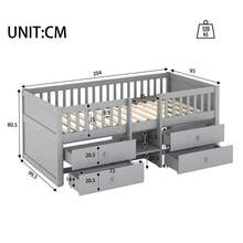 Semi-High Bed, 90*200cm, 4 Drawers, Guardrail, Ladder, Pine Wood, Without Mattress, Minimalist Style, Grey - Gray + Pine + 90cm*200cm - View 5