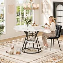 Round Dining Table (1 Piece), Kitchen Table, Breakfast Table, Metal Legs, Gold/Black Marble Pattern - Black - View 12