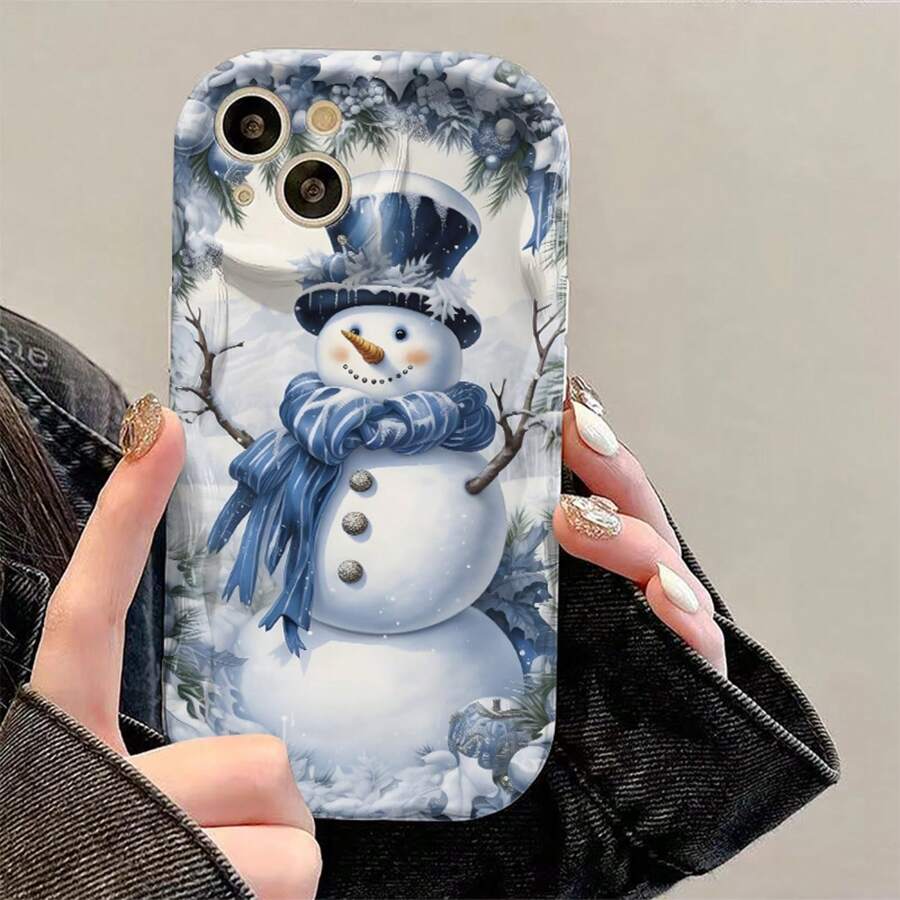 Super lindo de teléfono blanco puro con forma de muñeco de nieve de invierno de navidad, diseño de onda rizada, adecuado para iPhone 17, 16, 15, 14, 13 y 12 Pro/Pro Max/Plus. Proporciona protección de la lente, como una funda protectora, un gran regalo de temporada para P. - Concha ondulada cremosa - Blanca - Ver 1