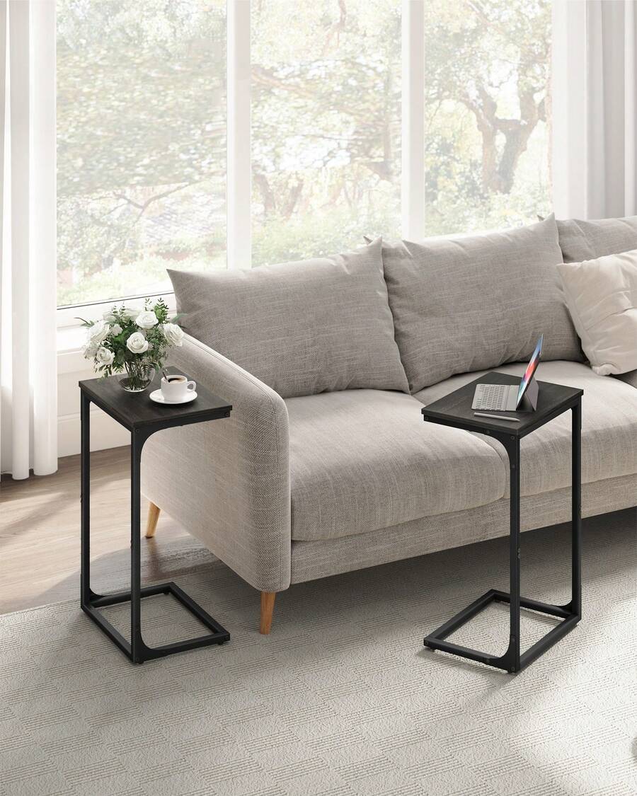 C-Shaped Side Table, Set Of 2, Bedside Table, Sofa Side Table, With Metal Frame, Industrial, For Living Room, Bedroom, Grey Oak And Ink Black - Grey - View 1
