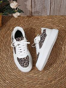 Trending Partial Leopard Print White Sneakers, Sweet & Cool Casual Everyday Versatile Women's Sneakers - White Leopard Print - View 1