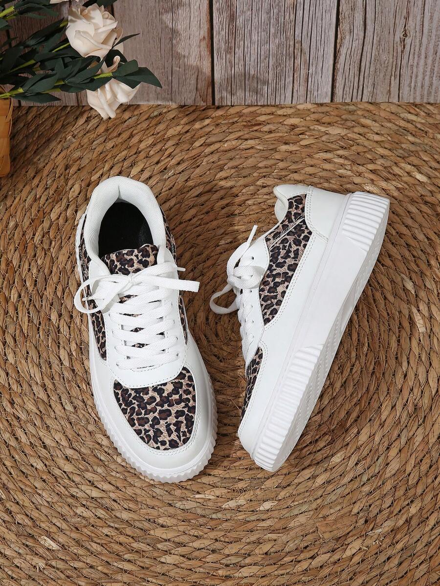 Trending Partial Leopard Print White Sneakers, Sweet & Cool Casual Everyday Versatile Women's Sneakers - White Leopard Print - View 1