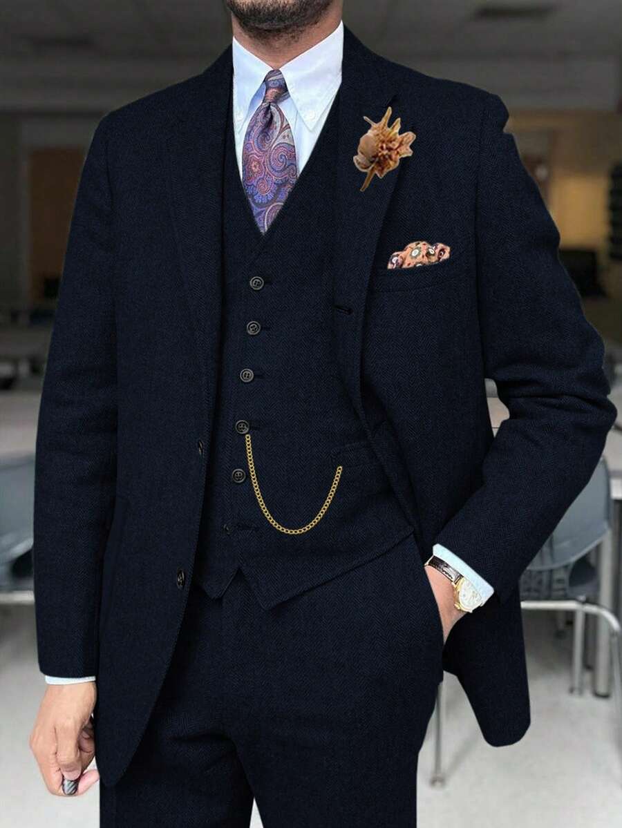 Mens Wool Suits Navy 3 Pieces Herringbone Tweed Suit Vintage Retro Slim Fit Smart Formal Classic Tuxedos Business Commuting - Màu xanh hải quân - Xem 1