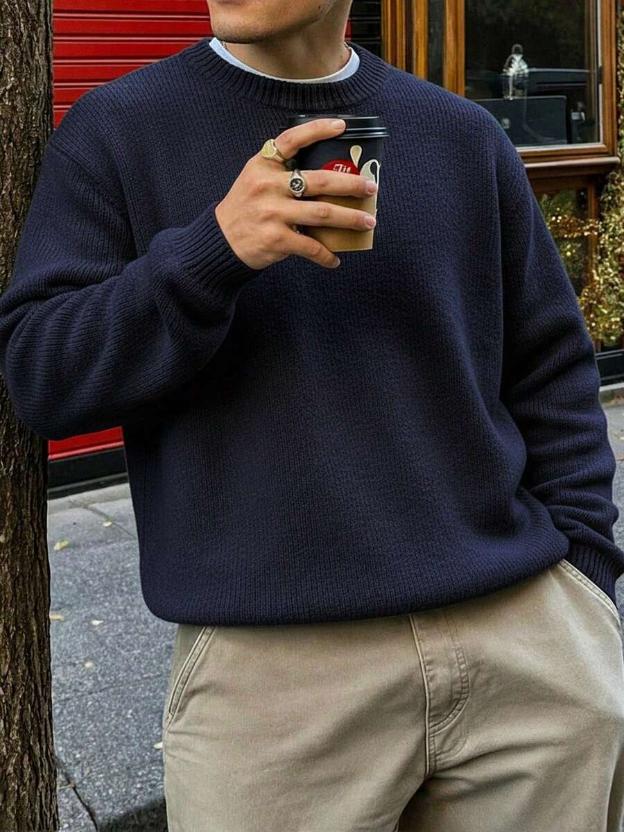 Men's Casual Loose Minimalist Commuting High-End Sense Daily Versatile Solid Color Knitted Long Sleeve Crew Neck Pullover Sweater, Autumn/Winter - Navy Blue - View 1