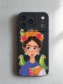 1 pieza Funda de teléfono con diseño de FridaKahlo con flores y loros, estilo artístico mexicano ideal para celebraciones festivas, moda urbana creativa, protección elevada para lente con diseño de ojo, resistente a golpes, compatible con iPhone17 ProMax/16/15/14/13/12/11/Plus/Pro/ProMax, compatible con Galaxy A34/A35/A54/A55, Galaxy S20/S21/S22/S23/S24/S25 Ultra/Plus, compatible con Galaxy/Redmi/Honor/OPPO/ViVo - Negro - Ver 1