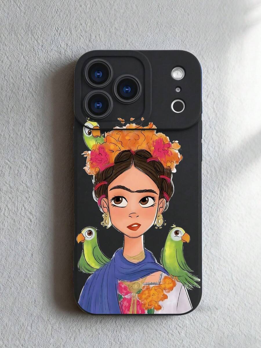 1 pieza Funda de teléfono con diseño de FridaKahlo con flores y loros, estilo artístico mexicano ideal para celebraciones festivas, moda urbana creativa, protección elevada para lente con diseño de ojo, resistente a golpes, compatible con iPhone17 ProMax/16/15/14/13/12/11/Plus/Pro/ProMax, compatible con Galaxy A34/A35/A54/A55, Galaxy S20/S21/S22/S23/S24/S25 Ultra/Plus, compatible con Galaxy/Redmi/Honor/OPPO/ViVo - Negro - Ver 1