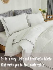 三件套白色床上用品，波西米亚农舍风格，纯色荷叶边被套套装，柔软透气轻盈的超细纤维被套，男女通用，1 个带拉链的被套，2 个枕套（不含被芯、床笠和床单） - 白色 - 查看 2