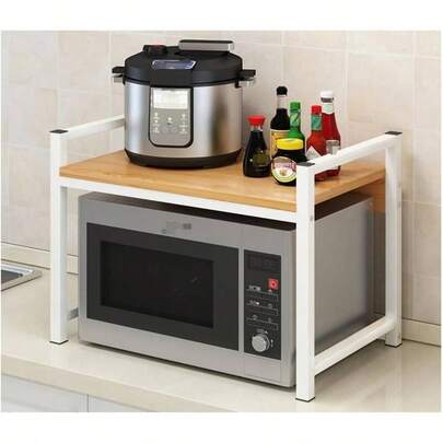 Wood Microwave Oven Rack Steel Frame 2 Tier Kitchen Bakers Rack Storage Shelf Kitchen Baker's Rack With Microwave Stand Kitchen Shelf Rack In B Wood Color And White