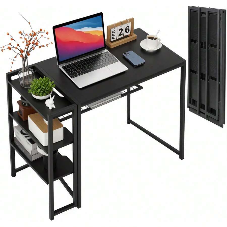 Dragonpad 35 Inch Folding Desk Writing Computer Desk With 3 Tier Storage Shelves, Spaces Saving Writing Sturdy Table Gaming Desk, No Assembly Required,For For Bedroom, Home Office, Dorm, Apartment - Black - View 1