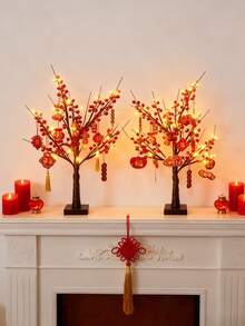 中国新年装饰发光树，红莓白桦树挂饰，适合新年、2026、餐桌摆设、壁炉装饰、节日