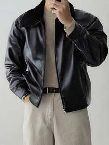 Thermal Lined Warm Motorcycle Jacket For Men, Simple Versatile Waterproof Thick Collar Leather Coat, Winter - Black - View 1