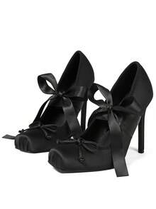 Ballet Mary Janes High Heels For Women Square Toe Satin Lace Up Ballerina Stiletto Heels With Bow Elegant Wedding Party Pump Heels For Women  - 1 Đen - Xem 3