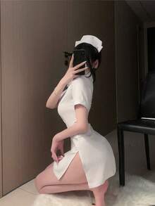 性感内衣万圣节服装，白色天使护士角色扮演性感舞台服装，包括连衣裙和头饰 - 白色 - 查看 3