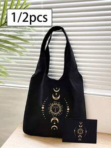 Bolso de hombro de lona con estampado de sol, luna y estrellas, un bolso de tela negra estampado con parte superior y un bolso pequeño negro, regalos del Día de San Valentín, bolsa de regalo personalizada para damas de honor, bolsa de maquillaje, bolsa de almacenamiento simple para viajes - Multicolor - Ver 1