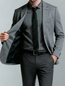 男士条纹长袖单排扣正装衬衫