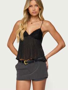 Women's Lace Polka Dot Splicing Spaghetti Strap Cami Top Deep V Versatile Daily Wear Inner  Outer Vest - màu đen - Xem 2