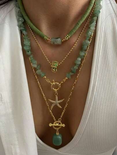 1 pieza Collar de piedra natural y acero inoxidable, collar gargantilla de estrella de mar multicapa ligero y lujoso, accesorio versátil de alta gama para otoño/invierno