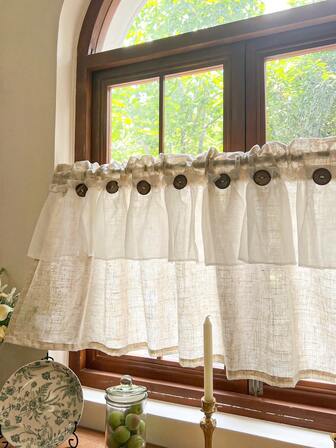 1 pièce, Rideaux courts de style bohème campagnard en tissu beige imitation lin avec volants blancs à deux couches et garniture de boutons en noix de coco. Convient pour petites fenêtres, cafés, armoires, salons, chambres à coucher et décorations de cuisine.