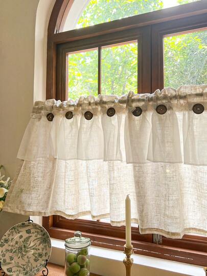 1 st, Boho Country Beige Linneimitationstyg med Vit Volang Tvålagers Kokosnötsknappar Korta Gardiner För Små Fönster, Cafégardiner, Skåp, Vardagsrum, Sovrum Och Köksinredning