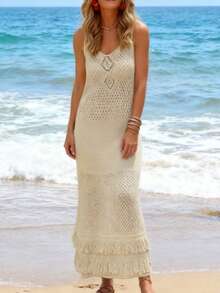 女士春夏热销无袖吊带流苏毛衣连衣裙