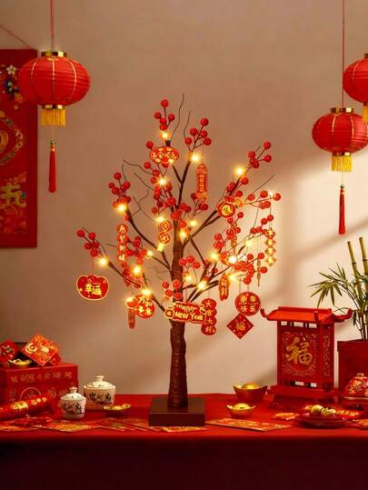 Chinese New Year Decorations Glowing Tree,Red Berry Birches Tree Hanging Chinese Ornaments,Suitable For New Year,2026,Table Setting, Fireplace Decoration, Holiday