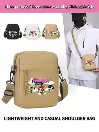 Warner Bros 1个飞天小女警男士休闲牛津布斜挎包，时尚运动风，户外单肩斜挎包，多功能休闲手机袋，可调节肩带，拉链封口，涤纶内衬，印花设计，适合日常通勤