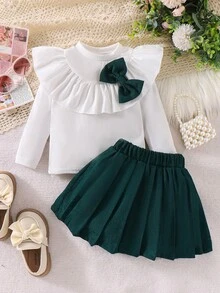 2pcs/Set Girls Ribbed Bow Decor Top And Corduroy Pleated Skirt Suit, Stylish School Style, Spring/Autumn - Dark Green - View 2
