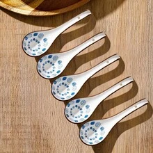 4/5件套亚洲陶瓷勺，长柄，易握，底部防滑，适用于日式拉面、中式和越南面条汤、意面等。