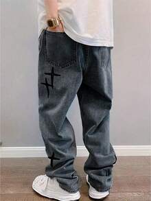 男士时尚宽松直筒交叉星星休闲牛仔裤 - 深色水洗藍 - 查看 3