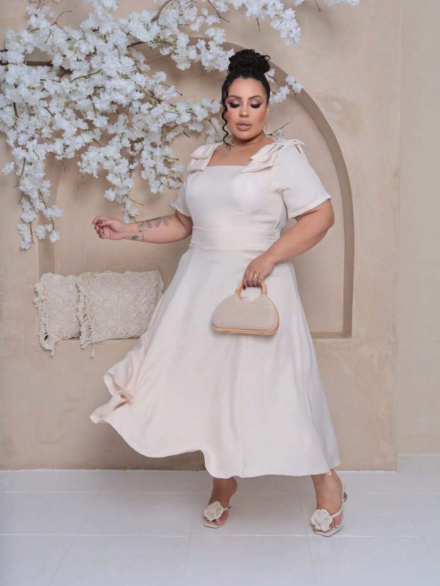 Women's Plus Size Midi Dress With Lined Square Neckline, Short Sleeves, Shoulder Tie, Padded Cups And Elastic Back In Duna Linen - Elegant Fashion Party Dress - 裸體 - 查看 1