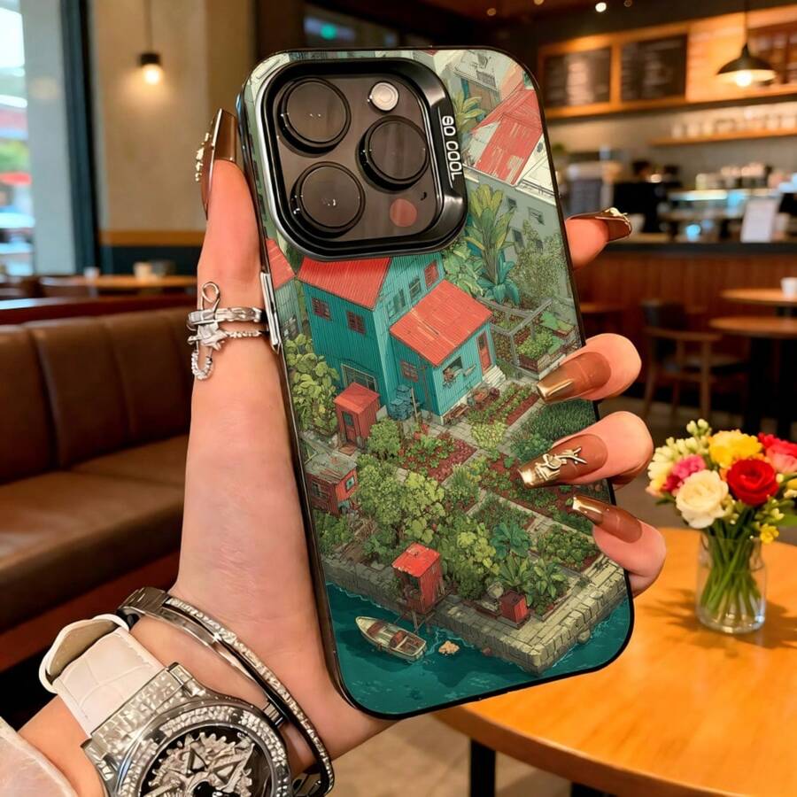 Cubierta de telefono con diseño de paisaje urbano verde y casas coloridas para iPhone 14 Pro Max en tonos verdes y rojos ideal para uso diario en cafeterias y espacios urbanos - Negro - Ver 1