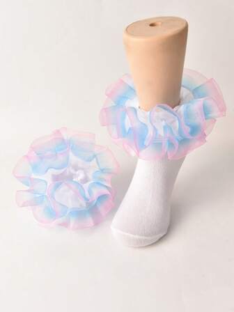 1双女童/儿童荷叶边装饰袜，日常及节日公主风婴儿褶皱蕾丝袜