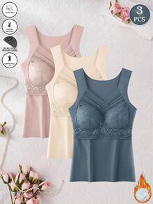 3件套女士保暖天鹅绒蕾丝加厚吊带背心，无缝V领无袖保暖内衣，适合日常休闲穿着，秋冬季