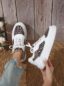 Trending Partial Leopard Print White Sneakers, Sweet & Cool Casual Everyday Versatile Women's Sneakers - White Leopard Print - View 10