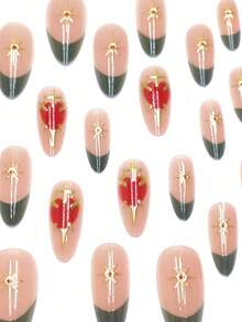 24-częściowy zestaw do francuskiego manicure 3D z podwójnym wzorem serca i miecza, z elementami złotego słońca 3D, czarne i bordowe paznokcie w kształcie migdałów, odpowiedni na Walentynki, Boże Narodzenie, jako prezent świąteczny lub na imprezę, zawiera żel żelowy i pilnik do paznokci - Złoto - Zobacz 4
