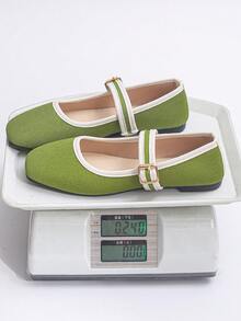 大码 35-43 时尚方头平底鞋，休闲套脚搭扣鞋，适合搭配连衣裙，春秋季，随机图案 - 草綠色細紋布面 - 查看 9