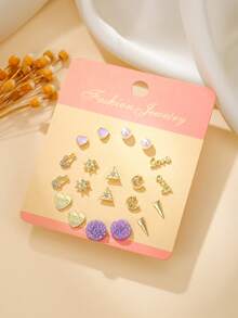 10对时尚可爱仿珍珠锆石塑料蝴蝶结、星星、月亮、花朵、蝴蝶、埃菲尔铁塔耳钉套装，适合女性日常佩戴 - 彩色 - 查看 8