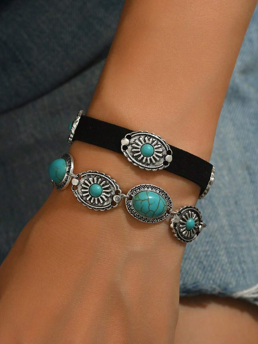 Set de 2 pulseras de mujer con cuentas de turquesa en estilo retro occidental, accesorios de joyería de moda adecuados para sesiones de fotos y viajes al aire libre - Multicolor - Ver 1