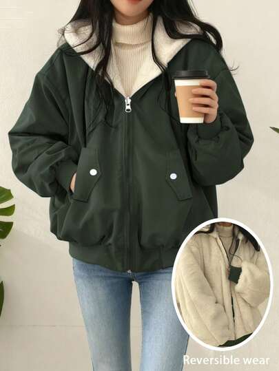 Abrigo con capucha oversize para mujer con cuello de piel sintética, silueta estilizadora, bolsillos duales, reversible, estilo casual de calle, chaqueta corta para otoño/invierno