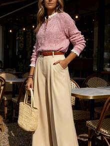 秋冬优雅时尚休闲舒适家居粉色蕾丝装饰金属纽扣长袖V领纹理针织开衫 - 粉色 - 查看 6