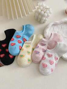 5 Pairs Random Delivery Spring/Summer New Heart & Letter Print Boat Socks, Breathable Invisible Socks, Cute Korean Style Low-Cut Short Socks For Women - Multicolor - View 5