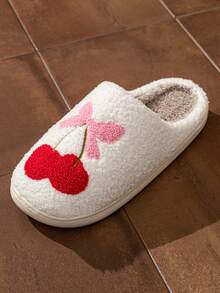 Cute Cherry Bow Embroidery Slip-On Women's Slippers Indoor Casual Home Footwear Winter Shoes - 粉色 - 查看 2