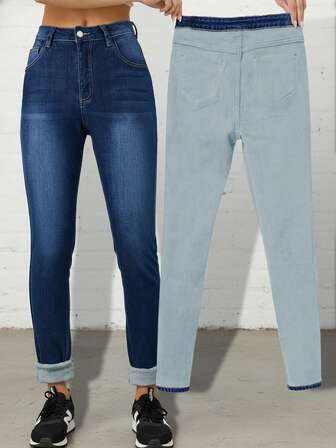 Winter Warm Thick Mid Waist Washed Elastic Skinny Jeans With Whisker Details For Daily Office Wear