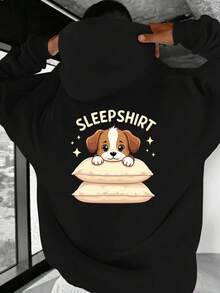 Sudadera de pijama para hombres - Estampado de perro dulce en la parte posterior, ajuste holgado con bolsillo delantero, material no elástico para otoño e invierno, atuendo casual de todos los días y Halloween - Ropa para adultos, atuendo de otoño e invierno, diseño sencillo, ropa de ocio duradera, ropa de ocio al aire libre, moda callejera, material cómodo, sudadera con capucha, entusiasta del streetwear - Negro - Ver 1