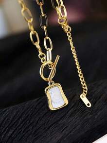 1pc Gold Tone Vintage White Bead Chain Stainless Steel Necklace Women, Short Length Sweater Chain All-Match Cool Style - Gold - View 9