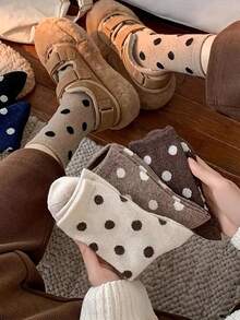 6双装女士甜美波点学院风吸湿排汗防摩擦中筒袜，秋冬季